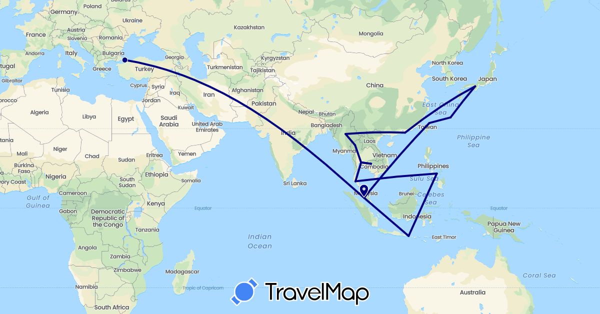TravelMap itinerary: driving in China, Indonesia, Japan, Cambodia, Myanmar (Burma), Malaysia, Philippines, Thailand, Turkey, Taiwan (Asia)