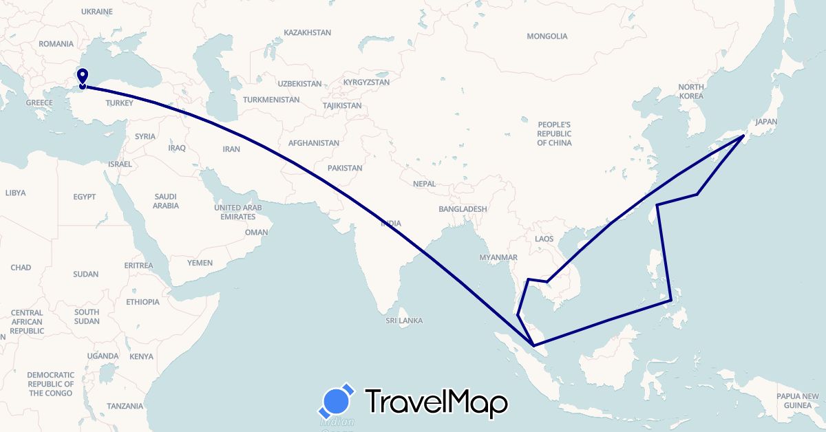 TravelMap itinerary: driving in China, Japan, Cambodia, Malaysia, Philippines, Thailand, Turkey, Taiwan (Asia)