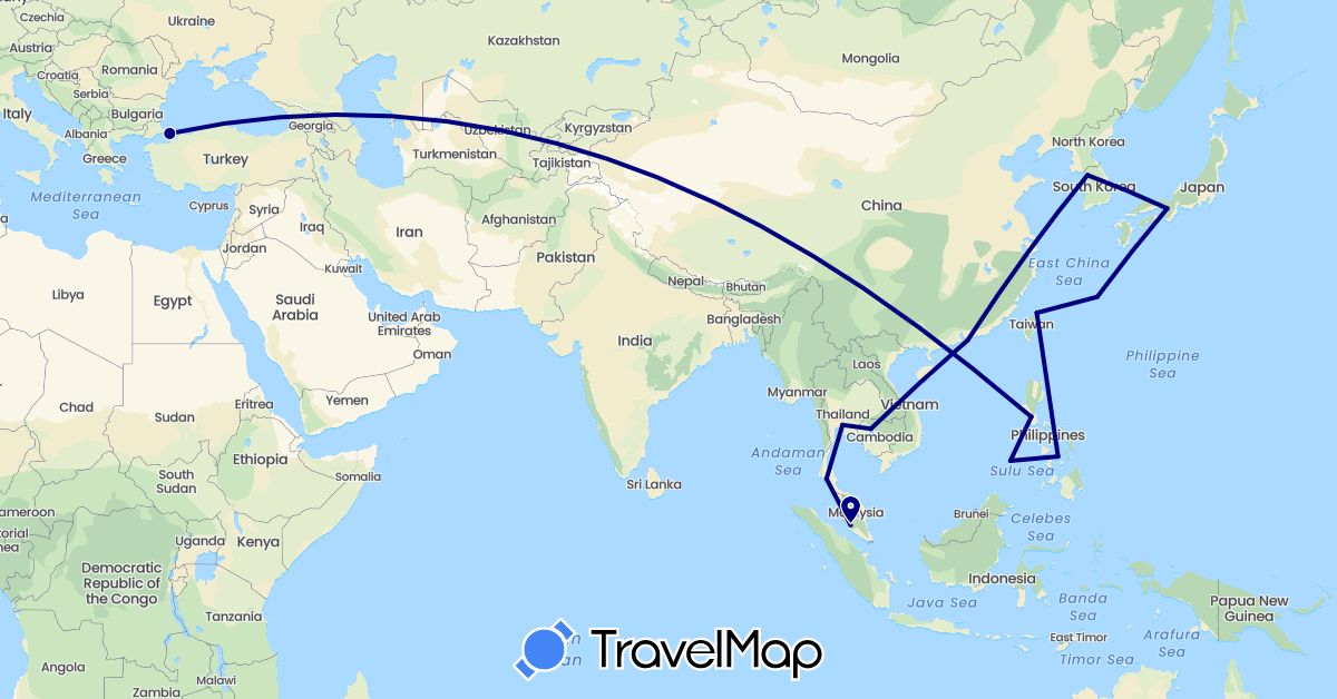 TravelMap itinerary: driving in China, Japan, Cambodia, South Korea, Malaysia, Philippines, Thailand, Turkey, Taiwan (Asia)